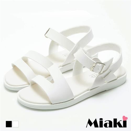 【Miaki】MIT 涼鞋歐美時尚交叉金屬釦露趾平底涼拖(白色 / 黑色)