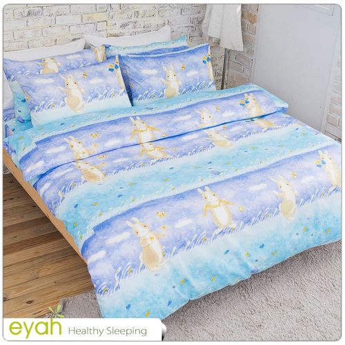 eyah宜雅全程台灣製100%精梳純棉新式兩用被雙人床包被套五件組夢幻藍兔