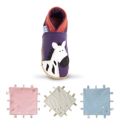 英國Daisy Roots 百年手做全皮革學步鞋/童鞋+安撫巾禮盒(小斑馬/紫色)