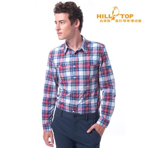 【hilltop山頂鳥】男款吸濕排汗抗UV長袖襯衫S05M59深藍紅格