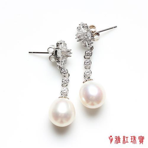 【寶石方塊】粉白珠圓天然珍珠耳環-925銀飾