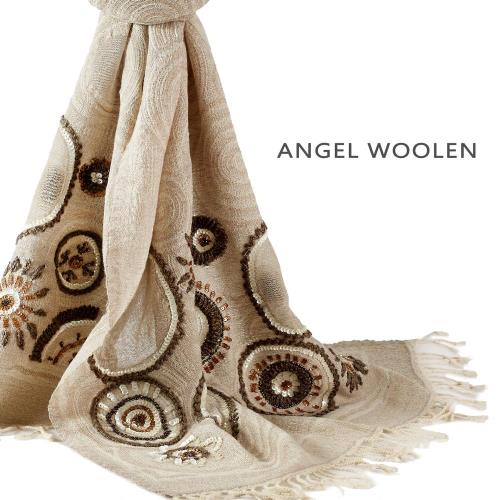 (加1元多1件銀絲柔光蠶絲披肩)Angel Woolen 異域風情 印度手工100%羊毛披肩 圍巾(淺棕)