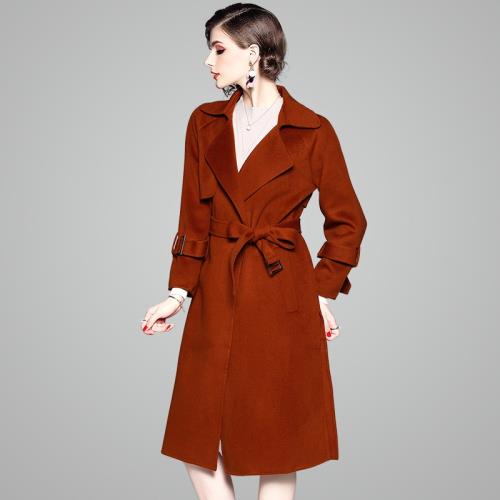 ( RN－girls)-精品風衣款100%羊毛純色腰帶長大衣外套