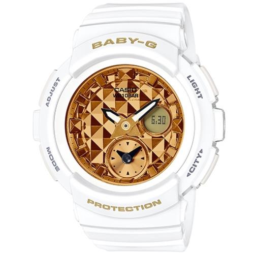 CASIO BABY-G BGA-195街頭時尚立體鉚釘設計雙顯腕錶-白X金(BGA-195M-7A)