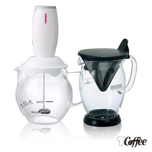 【TCoffee】HARIO冰咖啡雙響壺組2件組(免濾紙咖啡分享杯、電動奶泡器360ml)