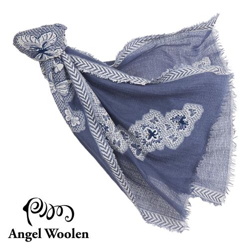【Angel Woolen】蝶舞印度手工刺繡羊毛披肩-藍