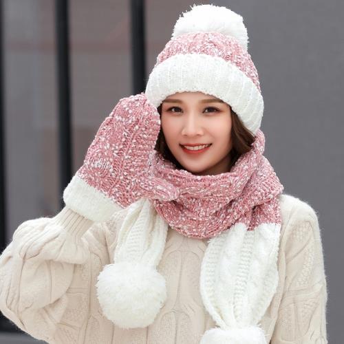 Acorn*橡果-韓系雪花撞色針織保暖毛帽+圍巾+手套1817(三件組-粉色)