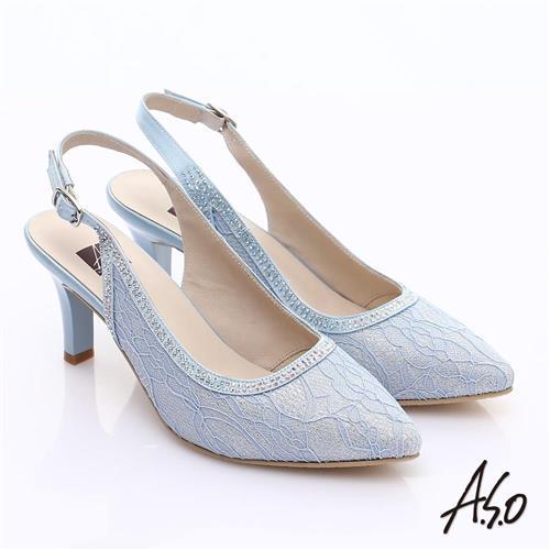 A.S.O 甜蜜樂章 蕾絲緞布水鑽繫帶高跟涼鞋- 淺藍