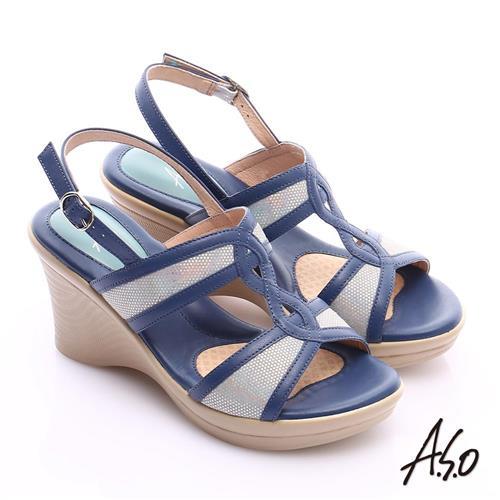 A.S.O 挺麗氣墊 全真皮寬楦鏤空氣墊楔型涼鞋- 藍