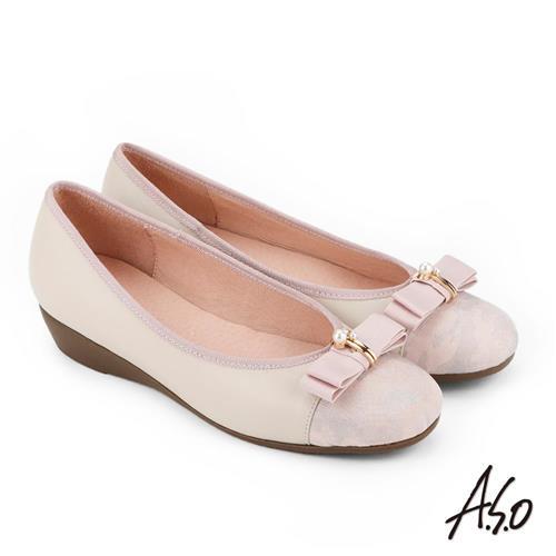 A.S.O 俏麗典雅 珍珠釦飾蝴蝶結低跟鞋 粉紅