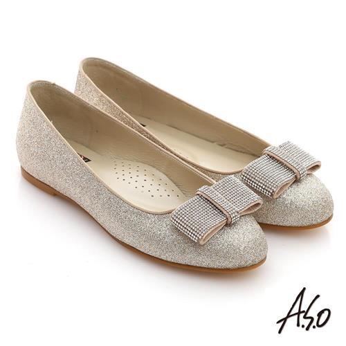 A.S.O 奢華美型 全真皮蝴蝶結金蔥平底鞋 金