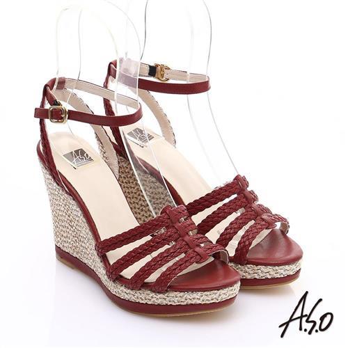 A.S.O 完美涼夏 真皮手工編織楔型涼鞋- 紅