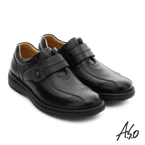 A.S.O 抗震雙核心 全牛皮超輕抗震休閒皮鞋- 黑