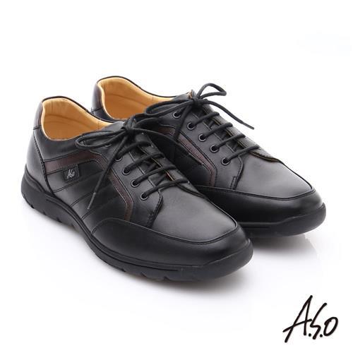 A.S.O 超能耐 牛軟皮綁帶奈米經典休閒皮鞋- 黑