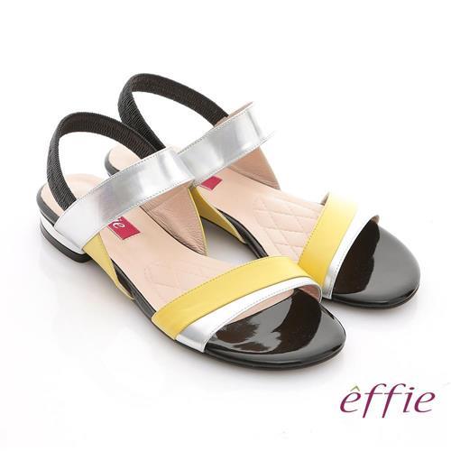 effie 軟芯系列 全羊皮拼色一字帶平底涼鞋- 黃