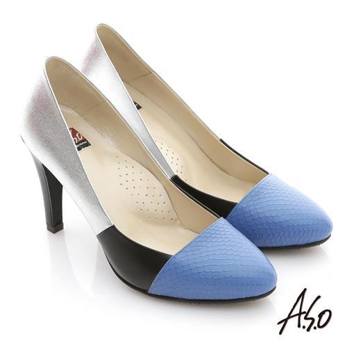 A.S.O 減壓美型 全真皮拼接壓紋窩心高跟鞋 藍