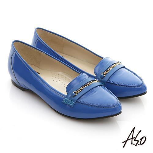 A.S.O 減壓美型 全真皮鏡面窩心尖頭平底鞋 藍
