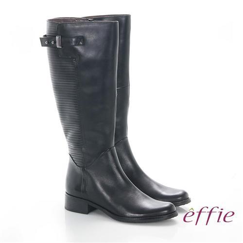 effie 魅力時尚 真皮立體壓紋低跟直筒長靴- 黑