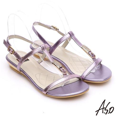 A.S.O 軟芯系列 真皮水鑽金箔細帶涼鞋 淺紫