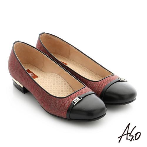 A.S.O 舒適通勤 全真皮水鑽飾釦奈米低跟鞋- 酒紅