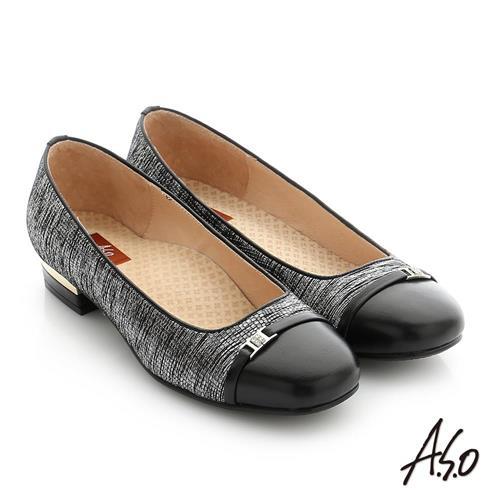 A.S.O 舒適通勤 全真皮水鑽飾釦奈米低跟鞋- 黑