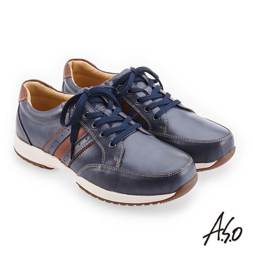 A.S.O 3D超動能 雙皮革配色休閒鞋-深藍