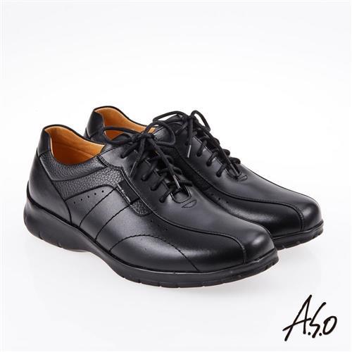 A.S.O 霸足氣墊 油感綁帶氣墊休閒皮鞋 黑