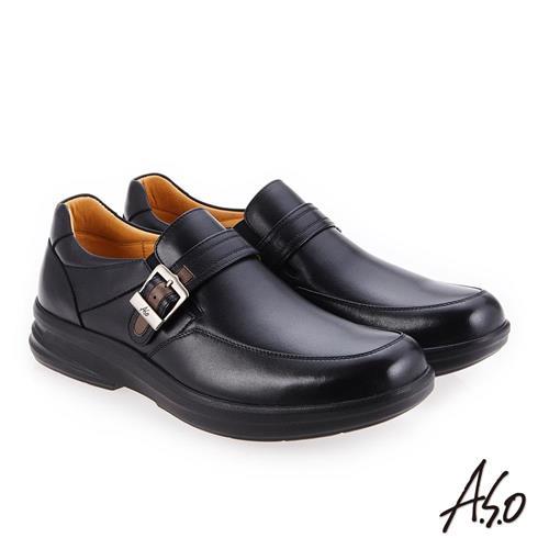 A.S.O 厚切超動力 金屬釦氣墊休閒皮鞋 黑