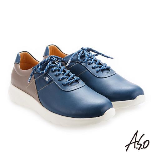 A.S.O 霸足氣墊 綁帶拼色牛皮氣墊休閒鞋-藍