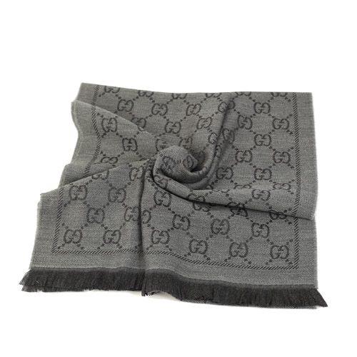 GUCCI LOGO純羊毛寬版圍巾披巾(鐵灰)
