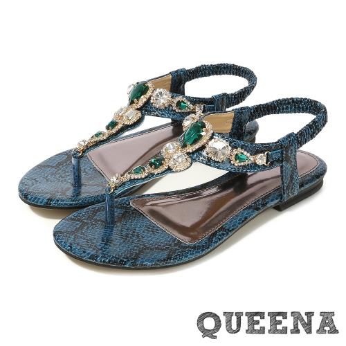 【QUEENA】時尚璀璨美鑽寶石蛇紋皮革T字造型低跟涼鞋 綠