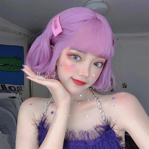 【米蘭精品】短假髮整頂假髮-粉紫色空氣瀏海捲髮女假髮73xx15