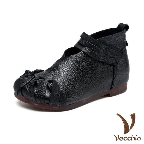 【Vecchio】真皮頭層牛皮花樣繞繩V口魔鬼粘內增高時尚短靴 黑
