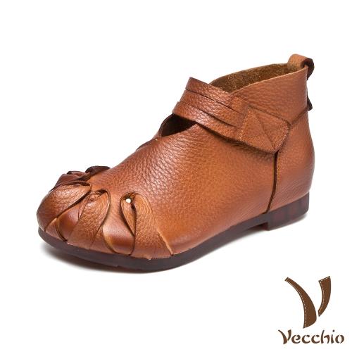 【Vecchio】真皮頭層牛皮花樣繞繩V口魔鬼粘內增高時尚短靴 棕