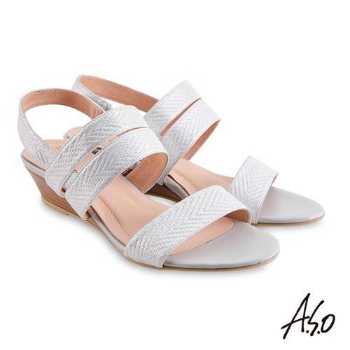 A.S.O 時尚流行 健步美型閃色金箔羊皮楔型涼鞋-銀