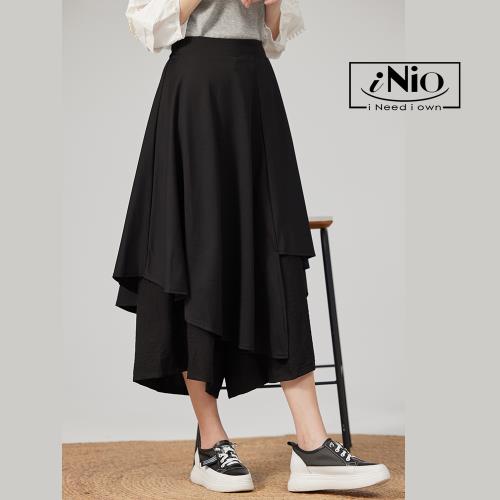 【iNio】雙層設計鬆緊腰長寬褲裙－現貨快出【C1W2018】