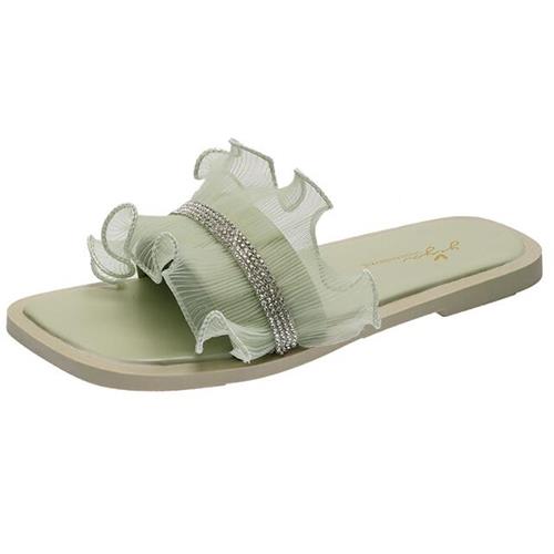 【Taroko】初夏涼氛花邊水鑽方頭平底涼鞋(2款各3色可選)