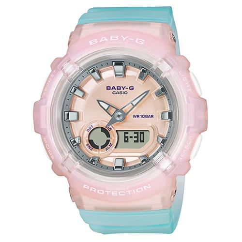 CASIO 卡西歐 Baby-G LA街頭設計 金屬光感 半透明 雙顯手錶-淺粉x湖水藍(BGA-280-4A3)