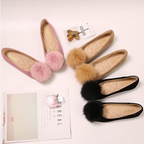 【Taroko】甜美毛球磨砂皮革平底娃娃鞋(粉色卡其色黑色3色全尺碼)