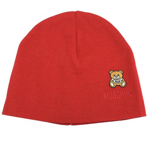 MOSCHINO 65161 電繡LOGO泰迪熊羊毛針織毛帽.紅