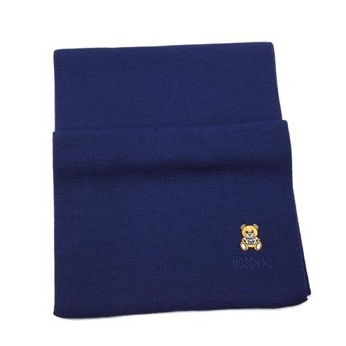 MOSCHINO 刺繡泰迪熊純羊毛圍巾(013 海軍藍)