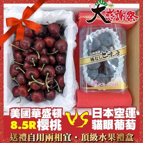 果物樂園-華盛頓8.5R櫻桃600gＶＳ日本空運貓眼葡萄水果禮盒1組