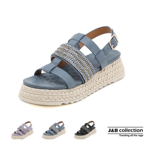 【J&H collection】時尚休閒金屬拼接厚底涼鞋(現+預  紫色 / 藍色 / 黑色)