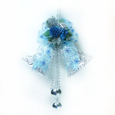 6吋浪漫透明緞帶雙花鐘吊飾-藍銀色