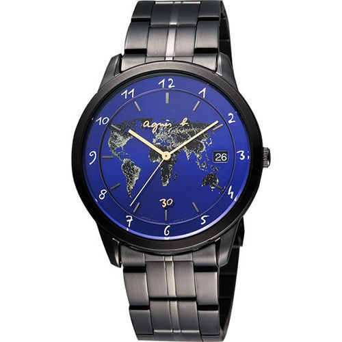 agnes b. 法國時尚30週年時尚世界地圖腕錶-藍xIP黑 VJ52-00B0A(BP9008J1)