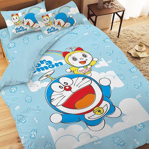 【享夢城堡】哆啦A夢 天空漫遊系列-雙人純棉四件式床包兩用被組(藍.粉)