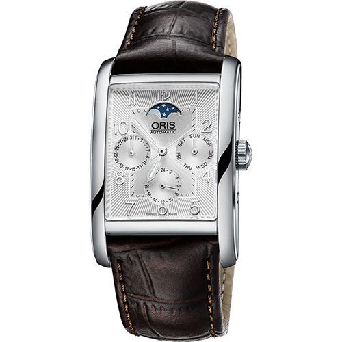 ORIS Rectangular 經典月相機械腕錶-銀x咖啡0158276944061-0752420FC 
