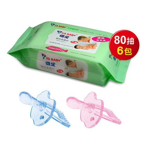 【優生】矽晶安撫奶嘴(雙扁L)+嬰兒柔濕巾清爽型80抽6包
