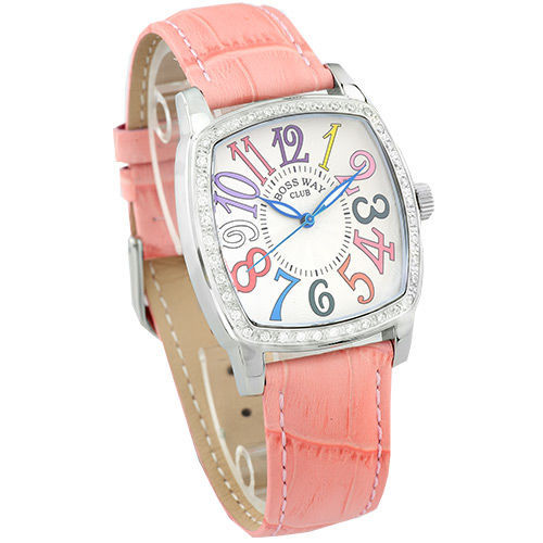 BOSSWAY TV SCREEN 晶鑽腕錶-粉紅色牛皮錶帶/34mm