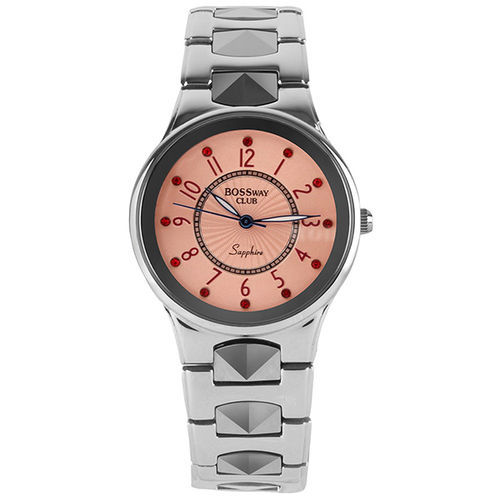 BOSSWAY優雅個性鎢鋼腕錶-黑-粉紅-34mm